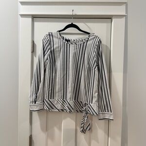 Talbots White and Black Striped Long Sleeve Tie Accent Top Size Medium EUC
